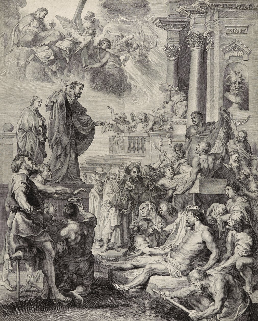Mirakel av Saint Francis Xavier; Saint Francis Xavier återupplivar en död person (gravyr på lagt papper) av Peter Paul after Rubens
