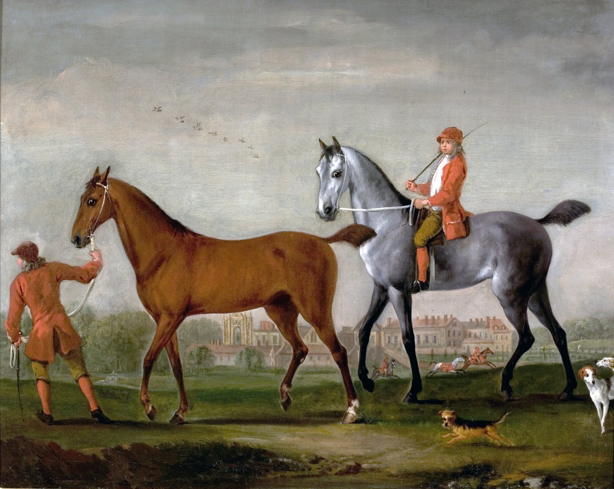 Två kapplöpningshästar med hästskötare och hundar i parken vid Newstead Abbey, Nottinghamshire, 1724 av Peter Tillemans