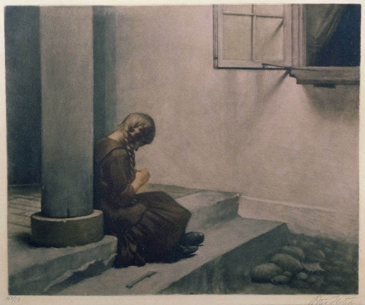 Girl Sitting on the Steps (färgad mezzotint) av Peter Vilhelm Ilsted