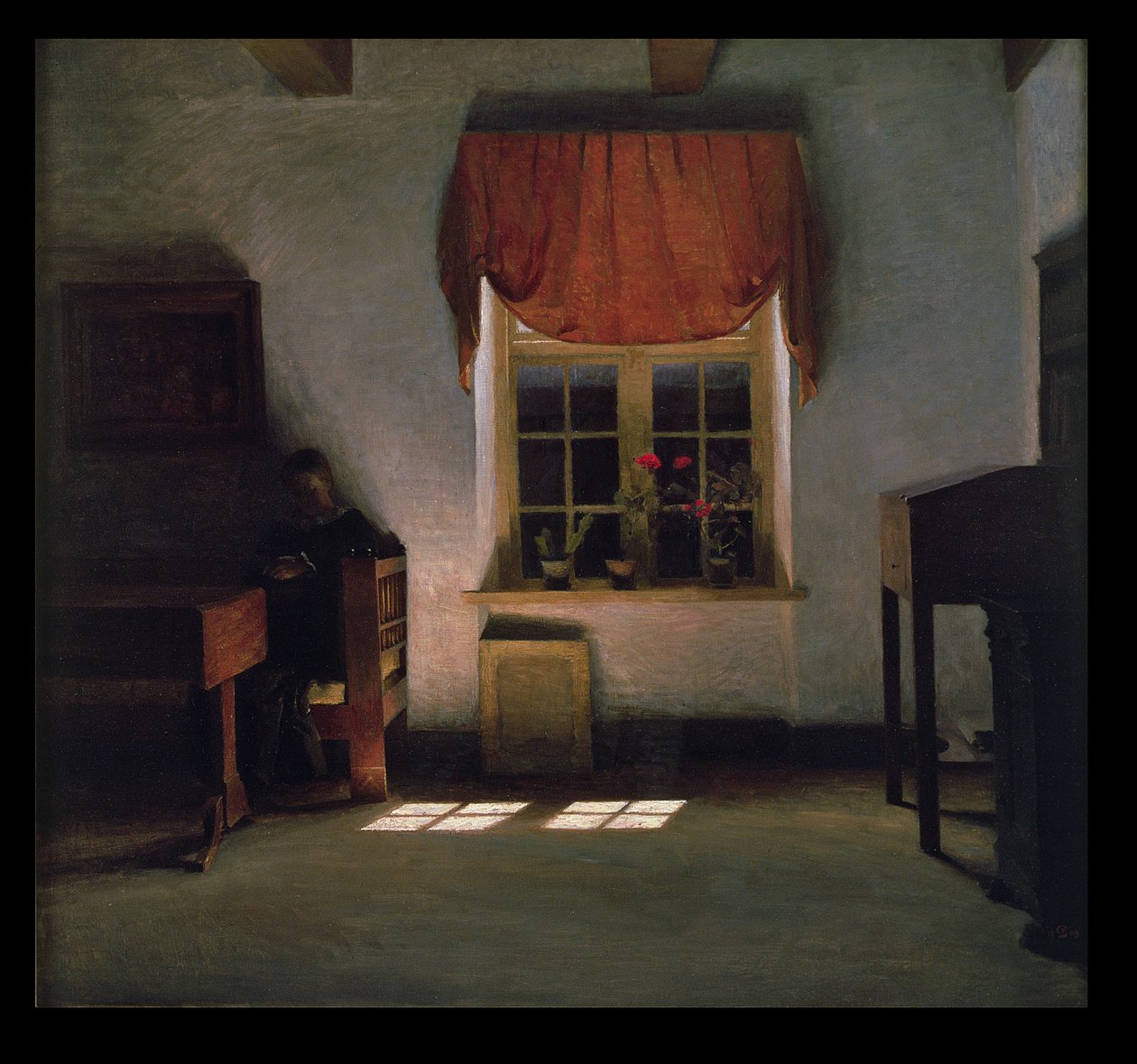 Kvinna som läser i en solbelyst interiör av Peter Vilhelm Ilsted