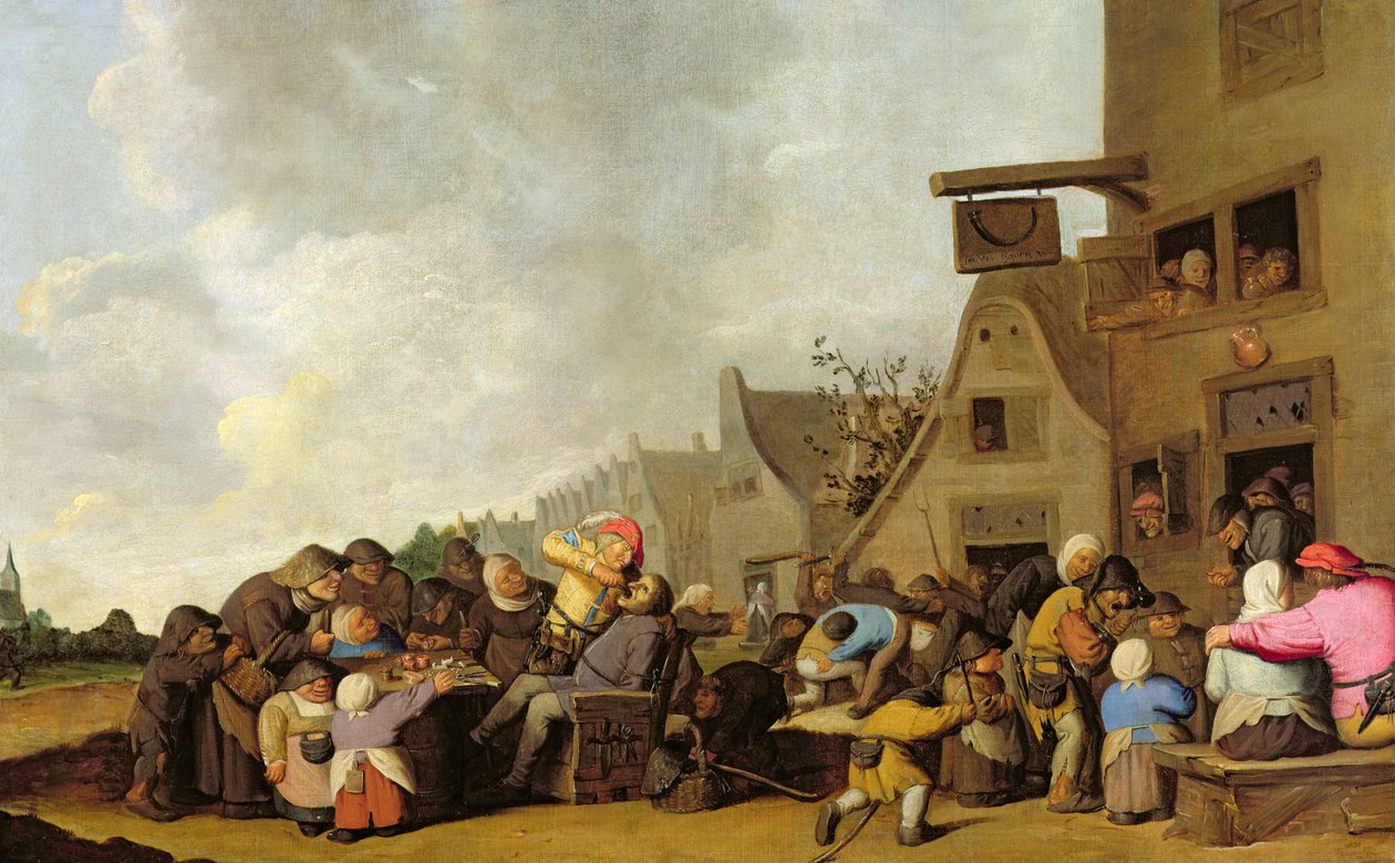 En byscen med en tandläkare som drar tänder och bönder slåss utanför en krog, ca 1630-40 av Peter de Bloot