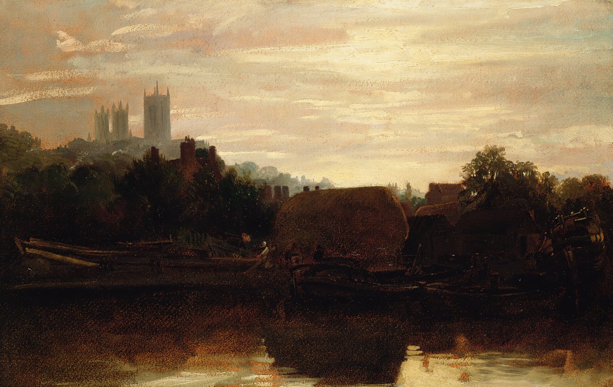 En utsikt över Lincoln från Foss Dyke, Dawn (olja på papper ombord) av Peter de Wint
