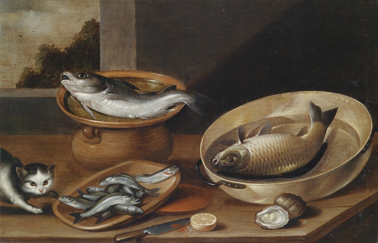 fischstillleben mit Katze av Peter van Boucle