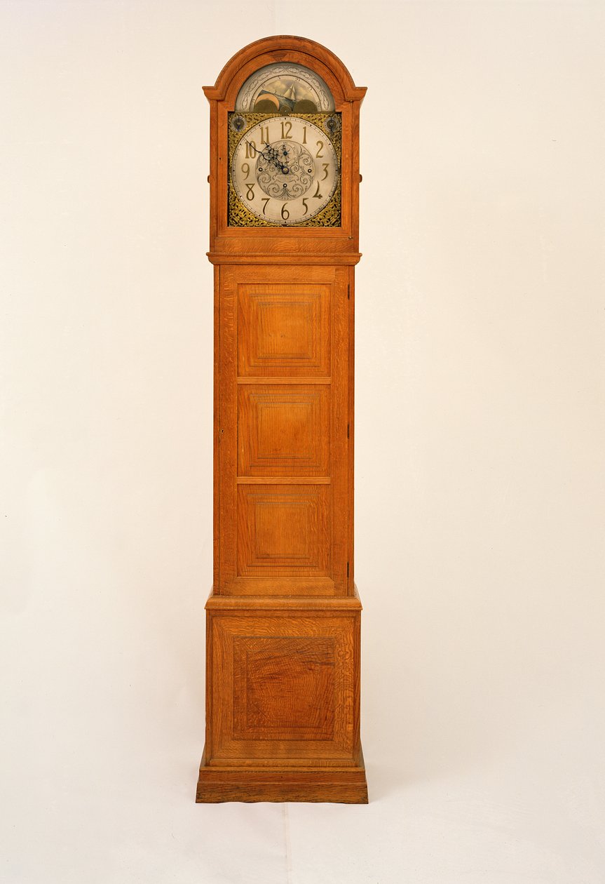 Långt ur designad av Peter Waals (1870-1937), med paneler av Norman Jewson (1884-1975), urverk av W.E. Evans, Birmingham, 1931 (ek, mässing och emalj) av Peter van der Waals