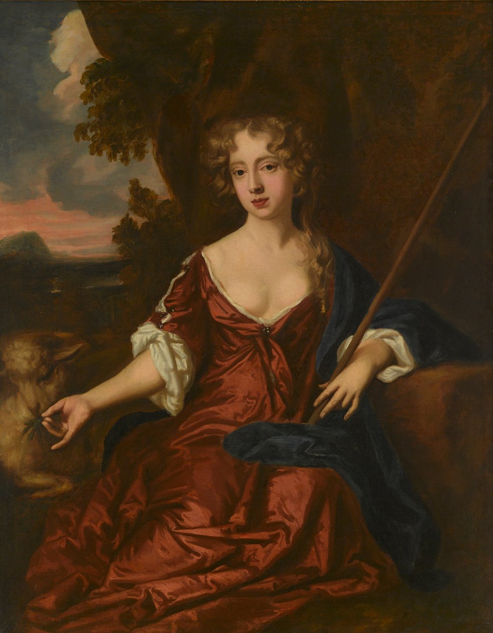 Porträtt av en dam, sägs vara Nell Gwynne som herdinna (olja på duk) av Peter (circle of) Lely