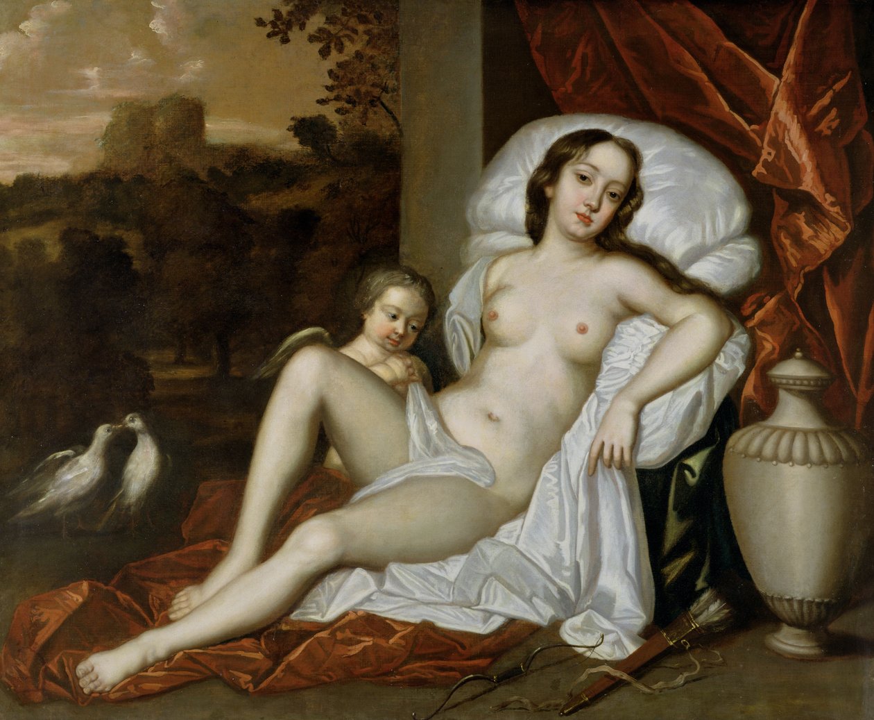 Porträtt av Nell Gwynne (1650-87) som Venus, med sin son, Charles Beauclerk (1670-1726), som Amor (olja på duk) av Peter (follower of) Lely