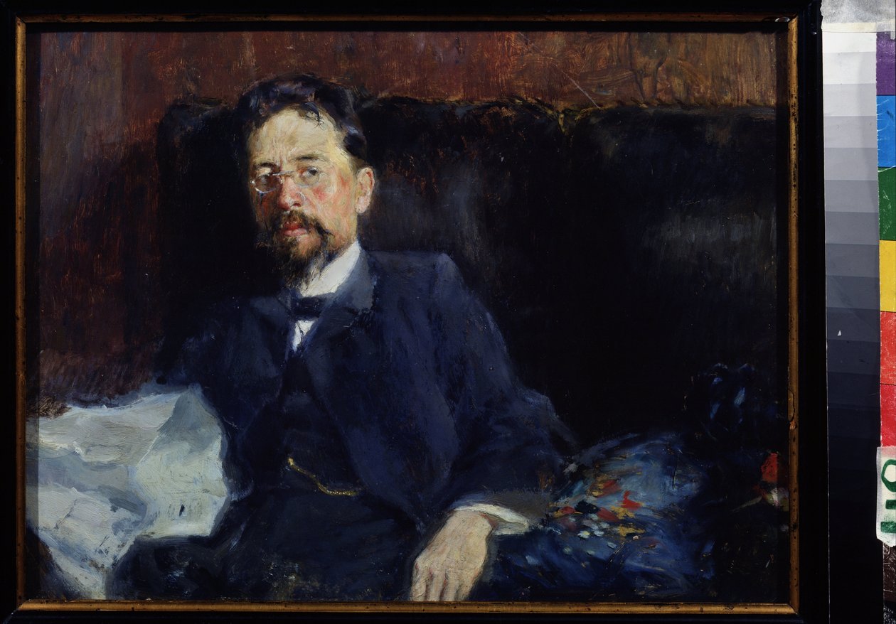 Porträtt av författaren Anton Tjechov (1860-1904) (Porträtt av författaren A. Tjechov). Målning av Pyotr Alexandrovich Nilus (Pierre Nilous) (Nilouss) (1869-1940/1943), olja på duk av Peter Alexandrovich Nilus