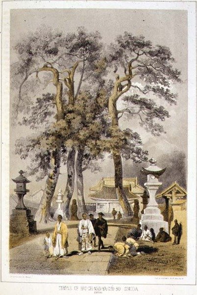 Temple of Hat-Chi-Man-Ya-Chu-Ro, Simoda, från "Berättelsen om en amerikansk skvadrons expedition till Kinas hav och Japan", pub. av Sarony & Co. av Peter Bernhard Wilhelm (after) Heine