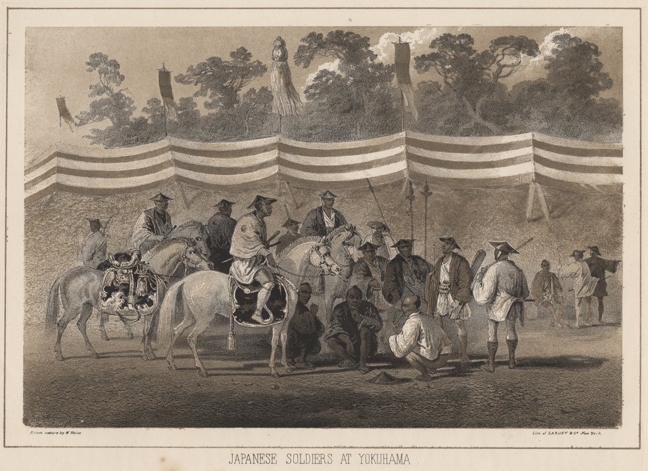 Japanska soldater i Yokuhama, litografi av Sarony und Co. 1855 (kromolit) av Peter Bernhard Wilhelm Heine