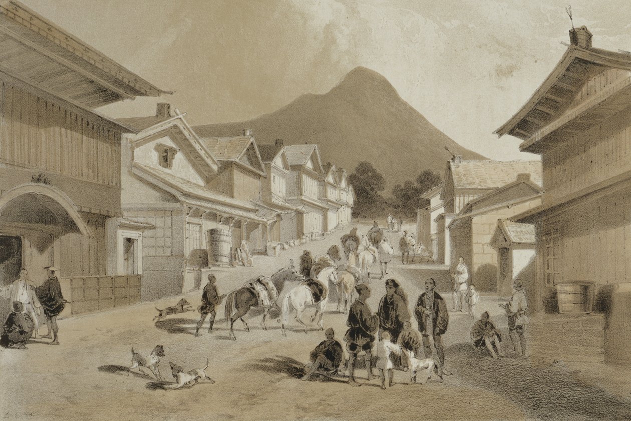 Gatan i Hakodadi, från "Narrative of the Expedition of an American Squadron to the China Seas and Japan", publicerad av Sarony und Co. 1856 (tonad litografi). av Peter Bernhard Wilhelm Heine