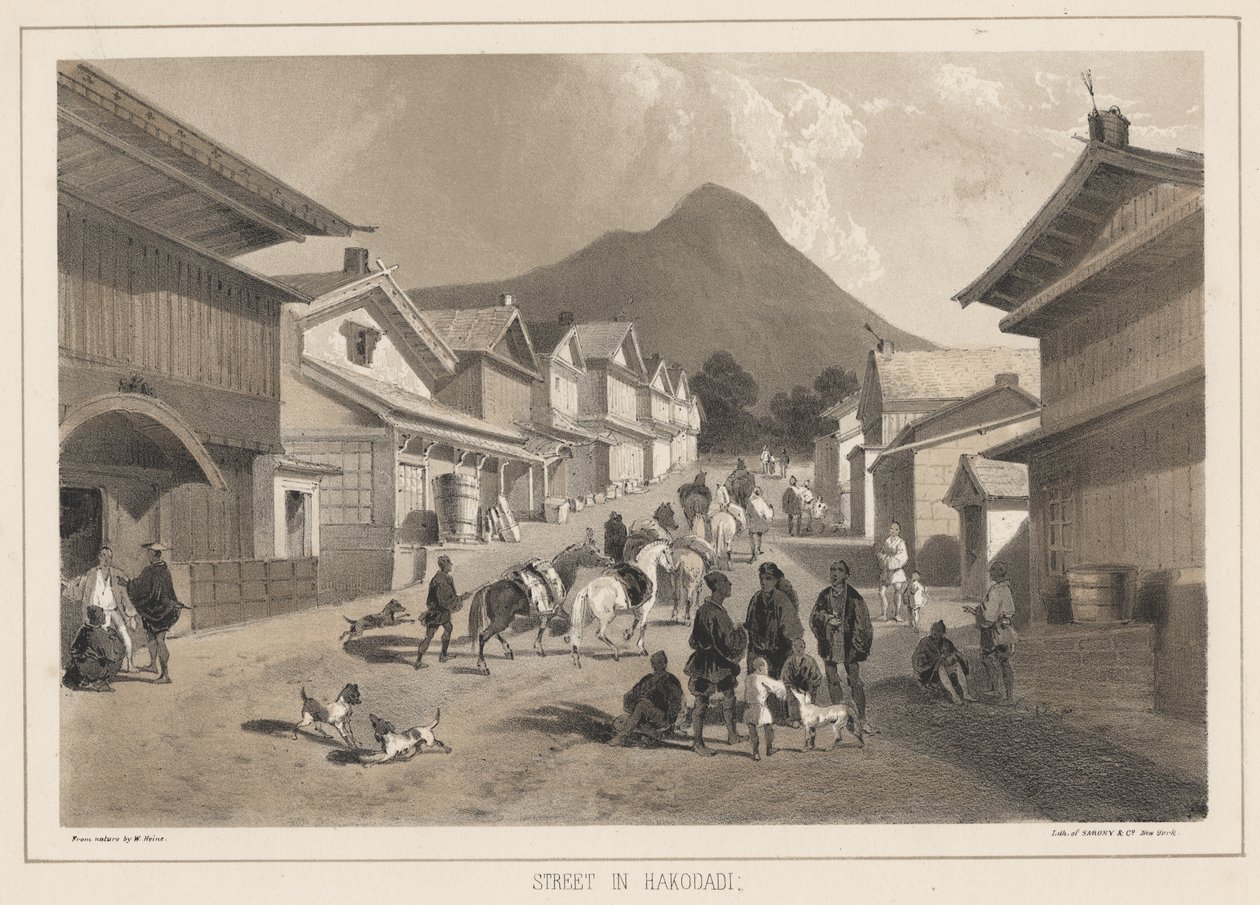 Gata i Hakodadi, litho av Sarony und Co., 1855 (chromolitho) av Peter Bernhard Wilhelm Heine