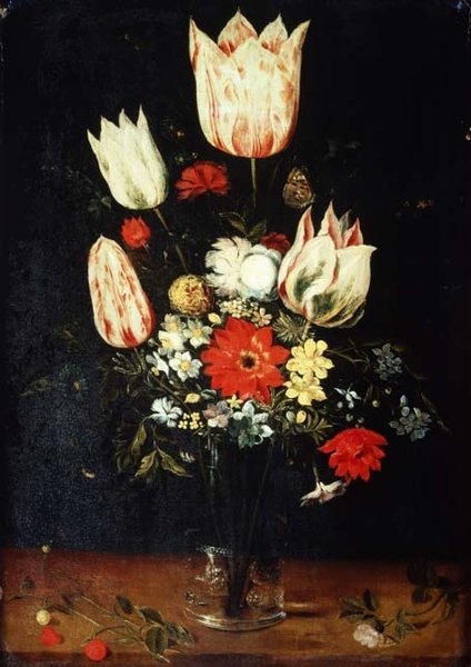 Blommor i en glasvas på en avsats av Peter Binoit