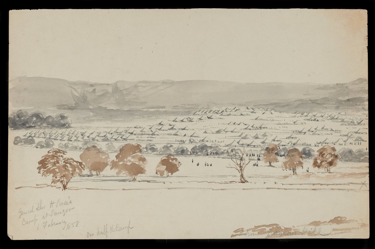 General Sir Hugh Roses läger i Saugor, 6 februari 1858 (ritning) av Peter Charles William