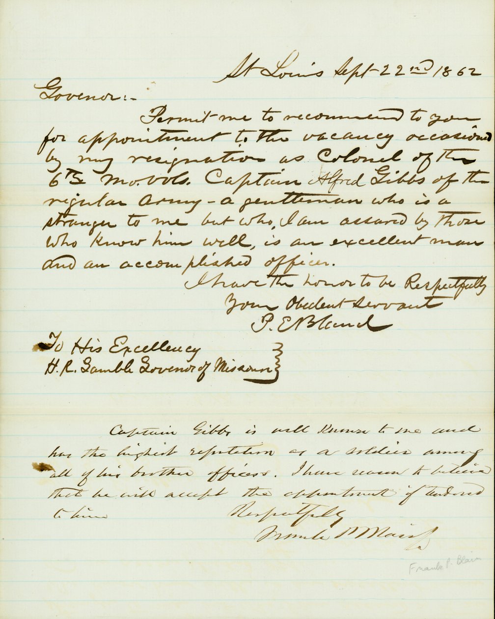 Letter signed P.E. Bland, St. Louis, to H.R. Gamble, Governor of Missouri, September 22, 1862 av Peter E. Bland