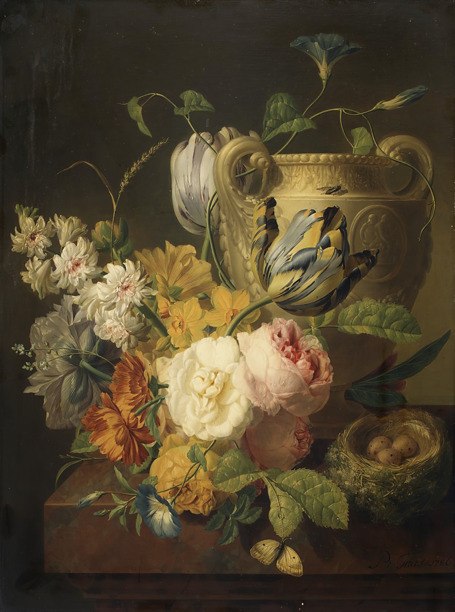 Blommor vid en stenvas, 1786. av Peter Faes