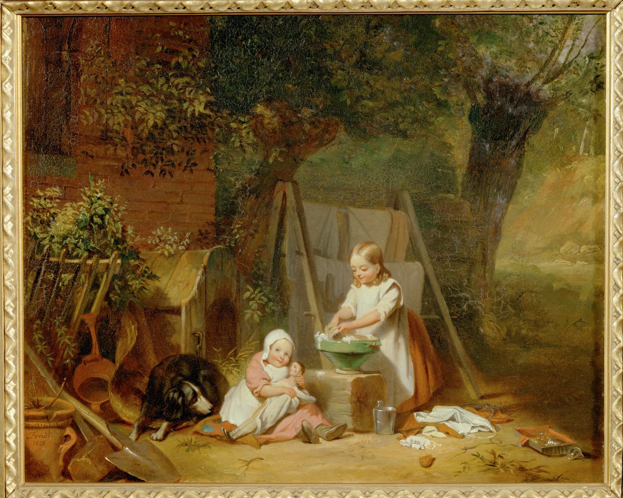 Die Puppenwaesche im Garten - Dockans tvättstuga i trädgården ... (olja på trä) av Peter Fendi