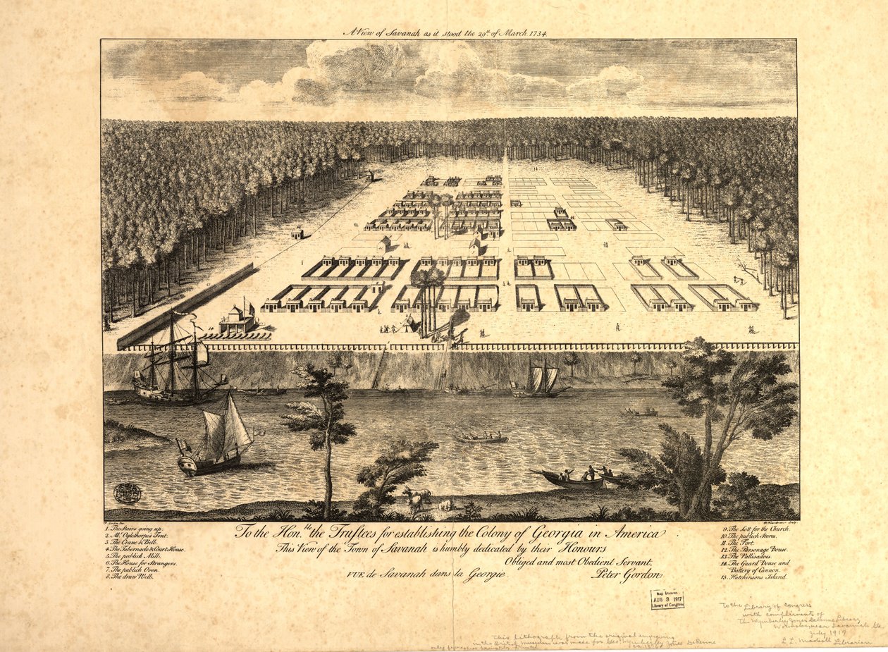 En vy över Savannah som den såg ut den 29 mars 1734. LOC 97683565 av Peter Gordon