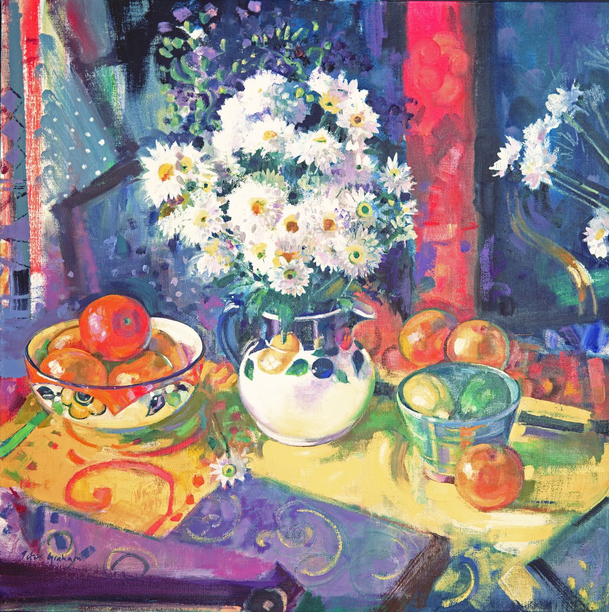 Blommor och frukt i en grön skål, 1997 av Peter Graham (Contemporary)
