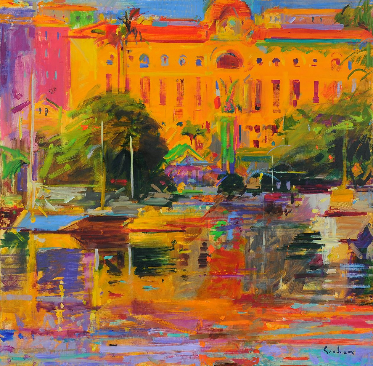 Riviera Reflections-Cannes, 2022 (olja på duk) av Peter Graham (Contemporary)