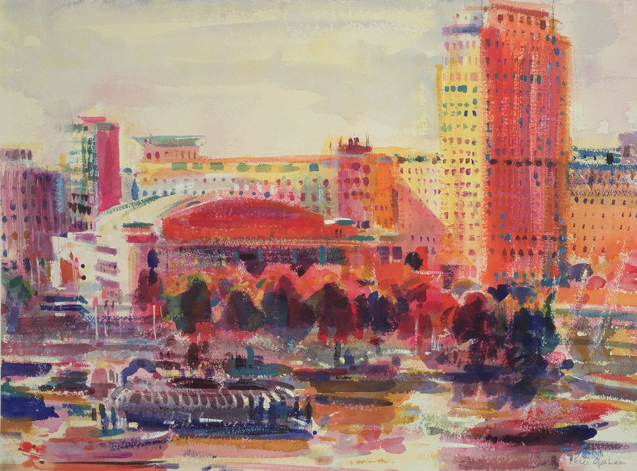 The South Bank, 2002 (wc på papper) av Peter Graham (Contemporary)