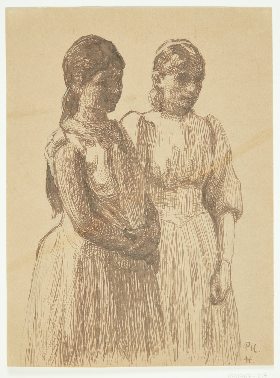 Två unga flickor. Studie till målningen "Bal i en provinsstad" (Göteborgs konstmuseum) av Peter Hansen