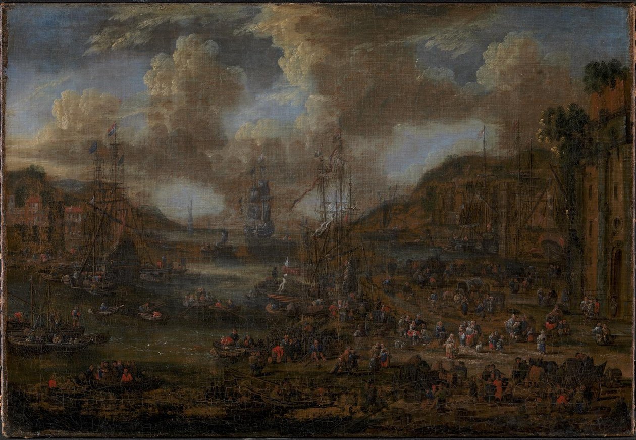 Södra hamnen med många figurer på stranden av Peter II Casteels