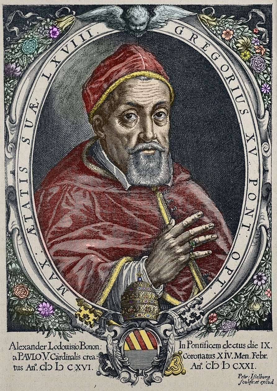 Representation av påven Gregoire XV (Gregorio, Gregorius eller Gregorius) (1554-1623) Gravyr av Peter Isselburg - (Porträtt av påven Gregorius XV (1554-1623), gravyr av Peter Isselburg) Privat samling av Peter Isselburg