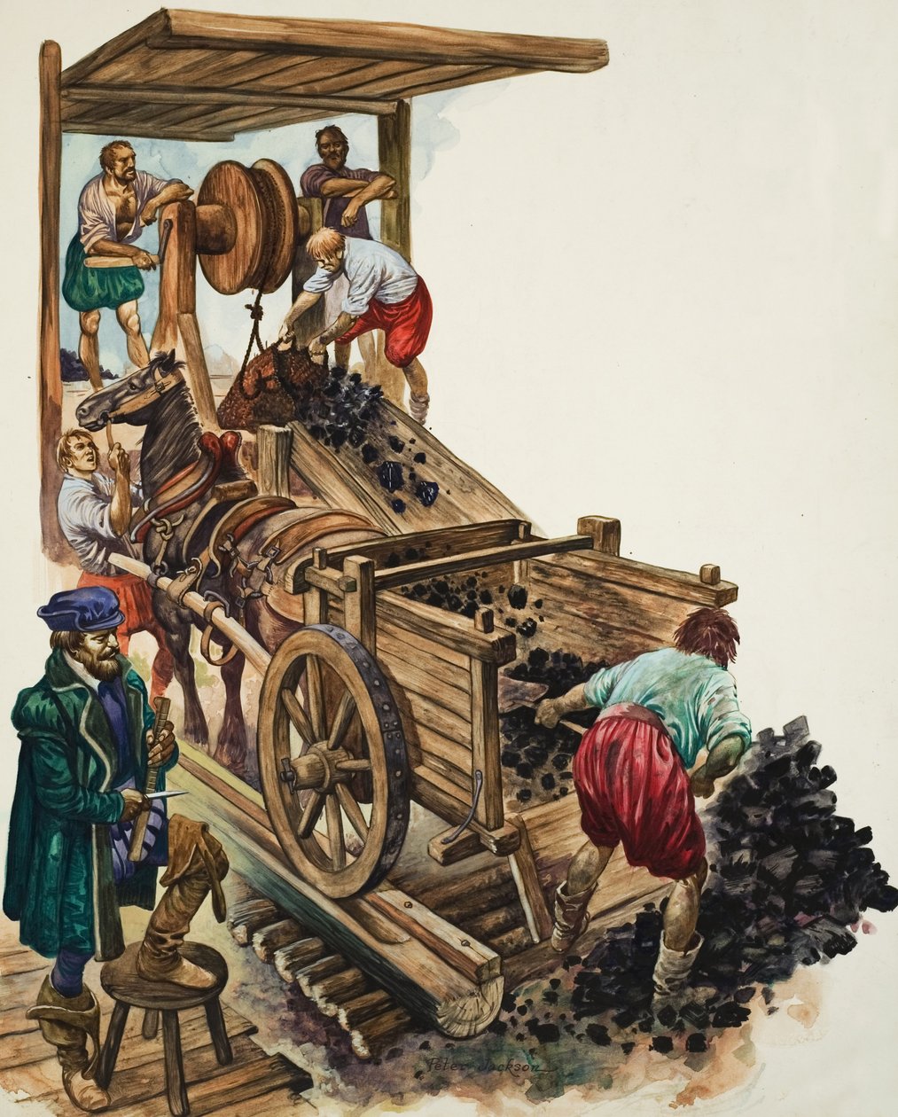 En räknare noterar hur många lass kol som lämnar gruvan medan en gruvarbetare fyller en vagn och andra hissar upp mer till ytan (gouache på papper) av Peter Jackson