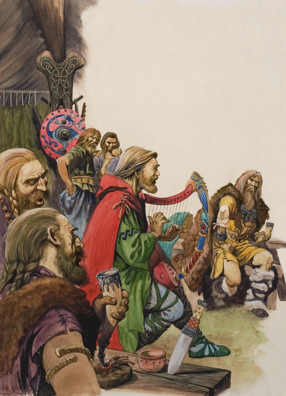 Alfred (849-899) förklädd till trubadur i kung Guthrums läger (gouache på papper) av Peter Jackson