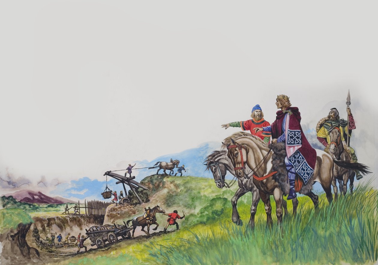 Kung Offa (757-96) ser på när hans fördämningsvall byggs (gouache på papper) av Peter Jackson