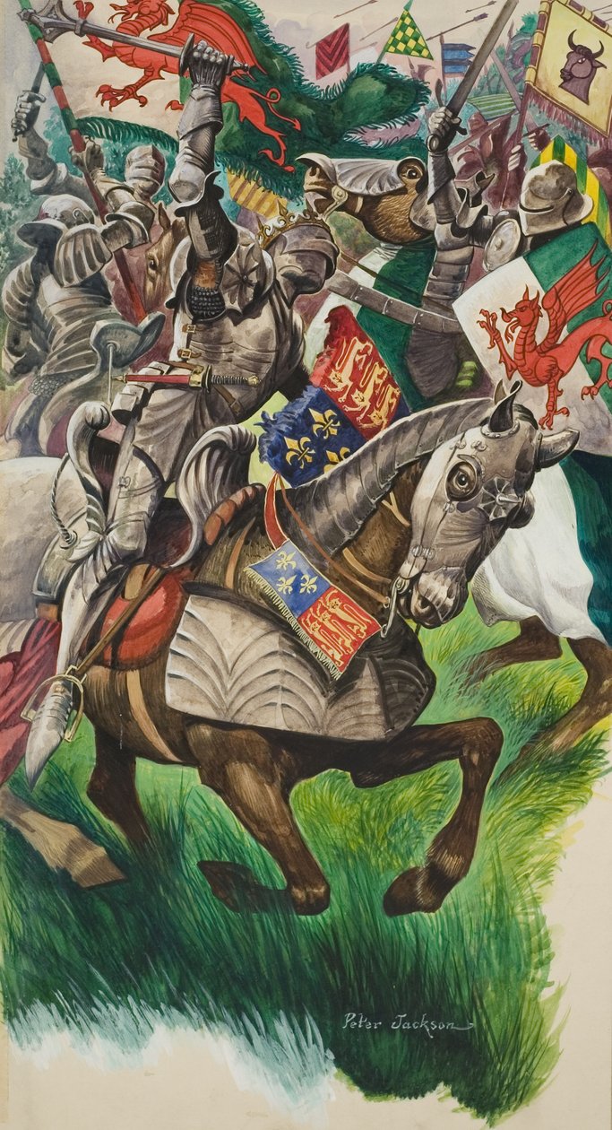 Kung Richard (1452-85) och Henry Tudor (1457-1509) på slagfältet vid Market Bosworth 1485 (gouache på papper) av Peter Jackson