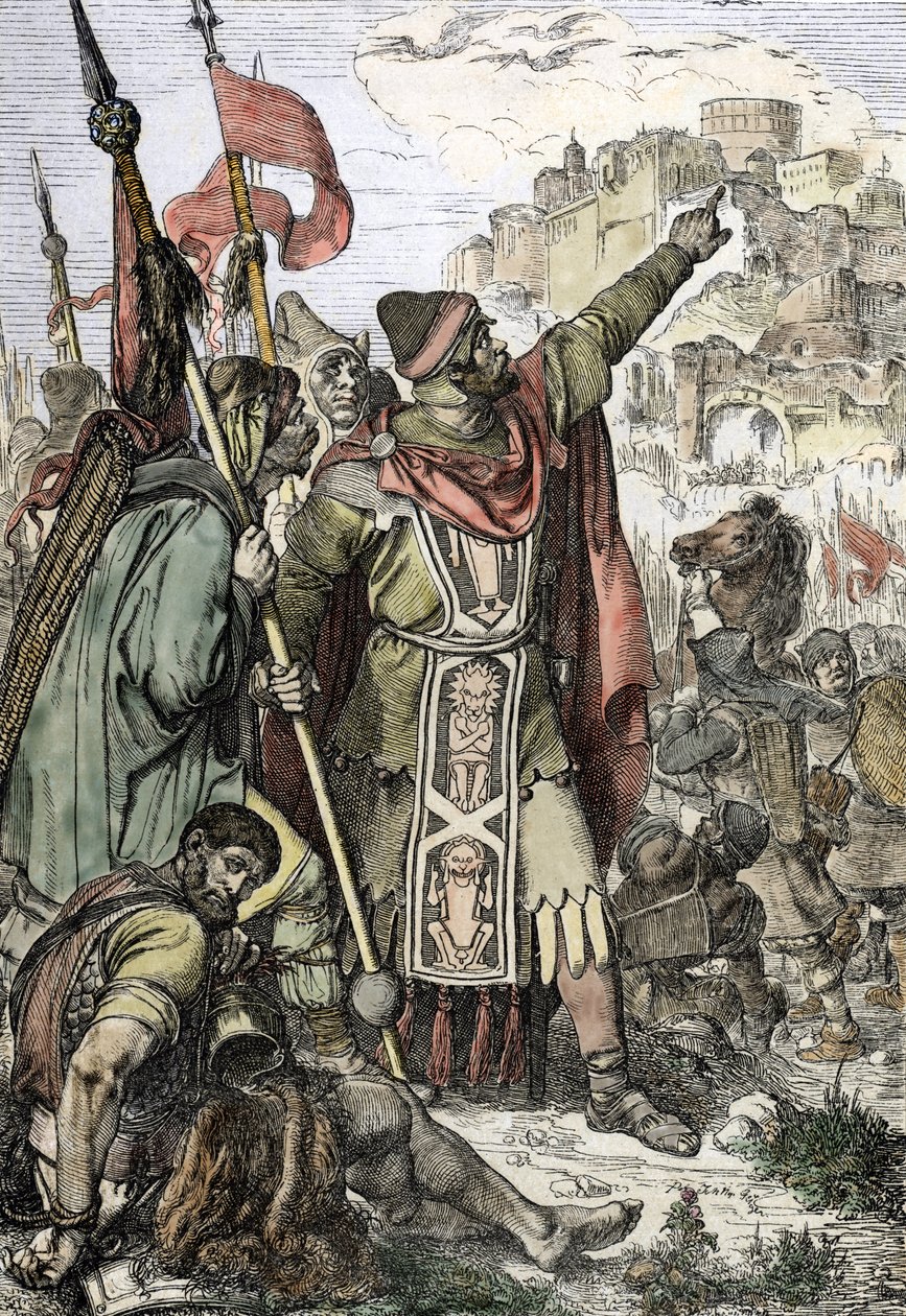 Barbarian invasion: "" Hunnarnas kung Attila (406-453) greps för att belägra staden Aquilee i Italien tittar på med sina soldater av Peter Johann Nepomuck Geiger