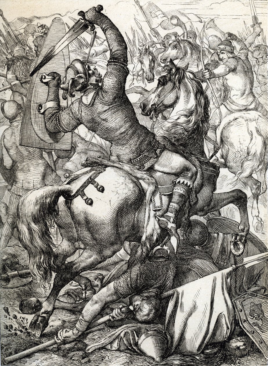 Slaget vid Hastings utkämpades den 14 oktober 1066 mellan den normandiska-franska armén av hertig William II av Normandie och en engelsk armé under den anglosaxiske kungen Harold II, under den normandiska erövringen av England Drawing a la pen Historically av Peter Johann Nepomuck Geiger