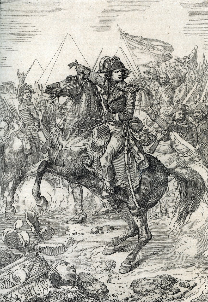 Kampanj (expedition) av Egypten (1798-1801): General Napoleon Bonaparte (1765-1821) före pyramiderna av Peter Johann Nepomuck Geiger
