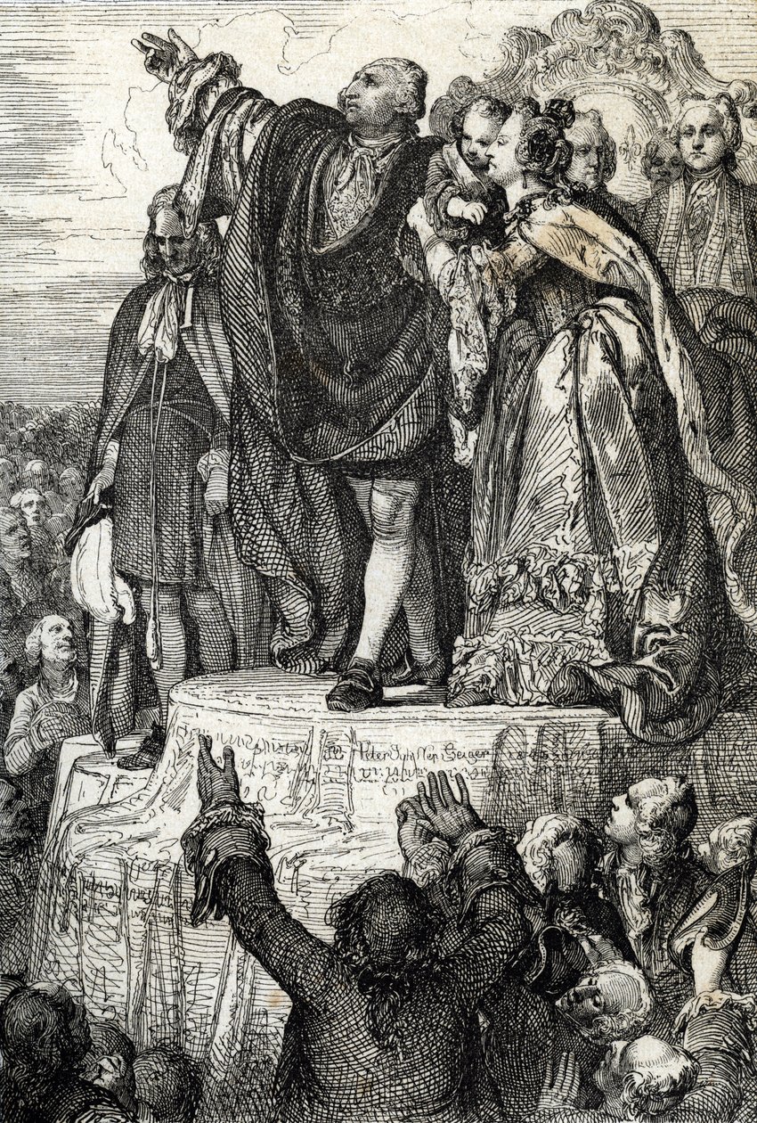 Firande av den första nationella federationen den 14 juli 1790 på fäderneslandets altare i Champs-de-Mars, med anledning av den första årsdagen av erövringen av Bastiljen: kung Ludvig XVI, omgiven av sin familj som avlade en ed på utgöra av Peter Johann Nepomuck Geiger