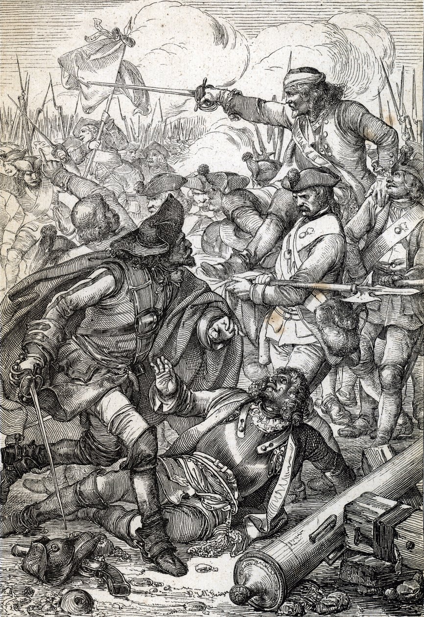 Great Northern War: "" Slaget vid Poltava (eller Pultawa) mellan Armee av Peter I av Ryssland och trupperna från Karl XII av Sverige, 8/07/1709"" (Great Northern War: Battle of Poltava, 8 juli 1709 ) Fjäderteckning från "" Historische Memorabilian des av Peter Johann Nepomuck Geiger