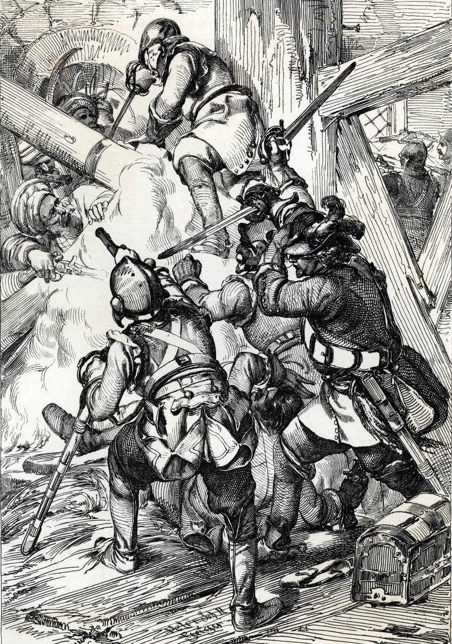 Kung Karl (eller Carl) XII av Sverige (1682-1718) försvarade mot turkarna i Bender (Bendery) februari 1713, Moldaie (förvisad kung Charles (Carl) XII av Sverige försvarade mot folkhopen och de osmanska janitsjarerna, Bender, februari 1713 ) Rita en penna f av Peter Johann Nepomuck Geiger