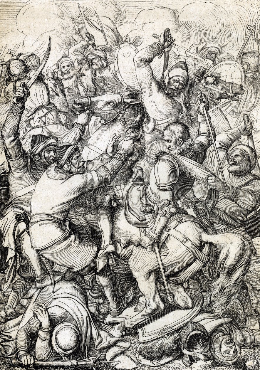 Kung Sebastian I av Portugal (1554-1578) tillfångatagen i slaget vid Alcacer-Quibir (Ksar el-Kebir eller slaget om de tre kungarna) den 4/08/1578 i Marocko (kung Sebastian I av Portugal tillfångatogs i slaget vid Ksar El Kebir (Slaget om tre kungar eller A av Peter Johann Nepomuck Geiger