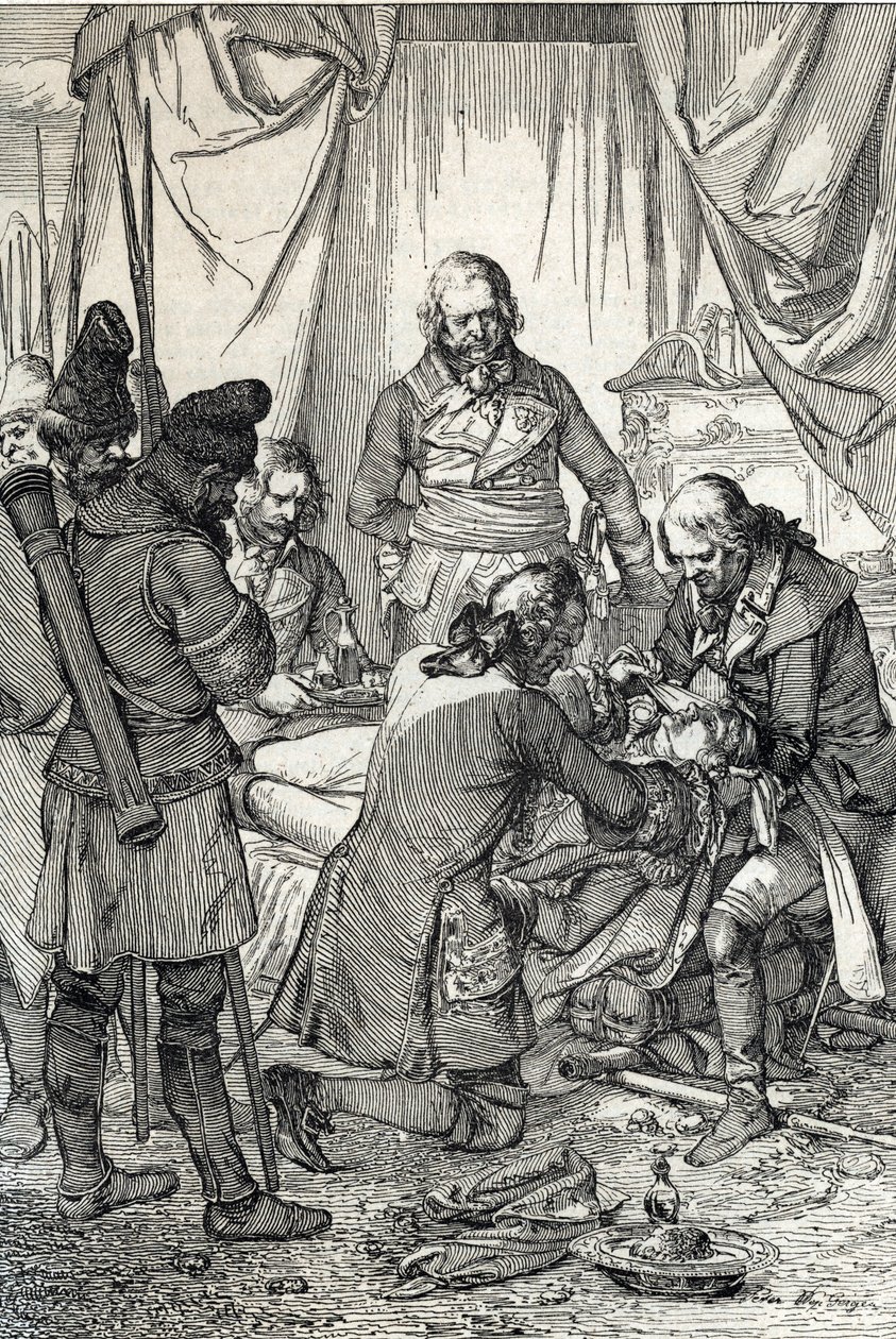 Kosciuszko-upproret: polska hjärtan Tadeusz Kosciuszko (1746-1817) sårad i slaget vid Maciejowice mot ryssarna av Peter Johann Nepomuck Geiger