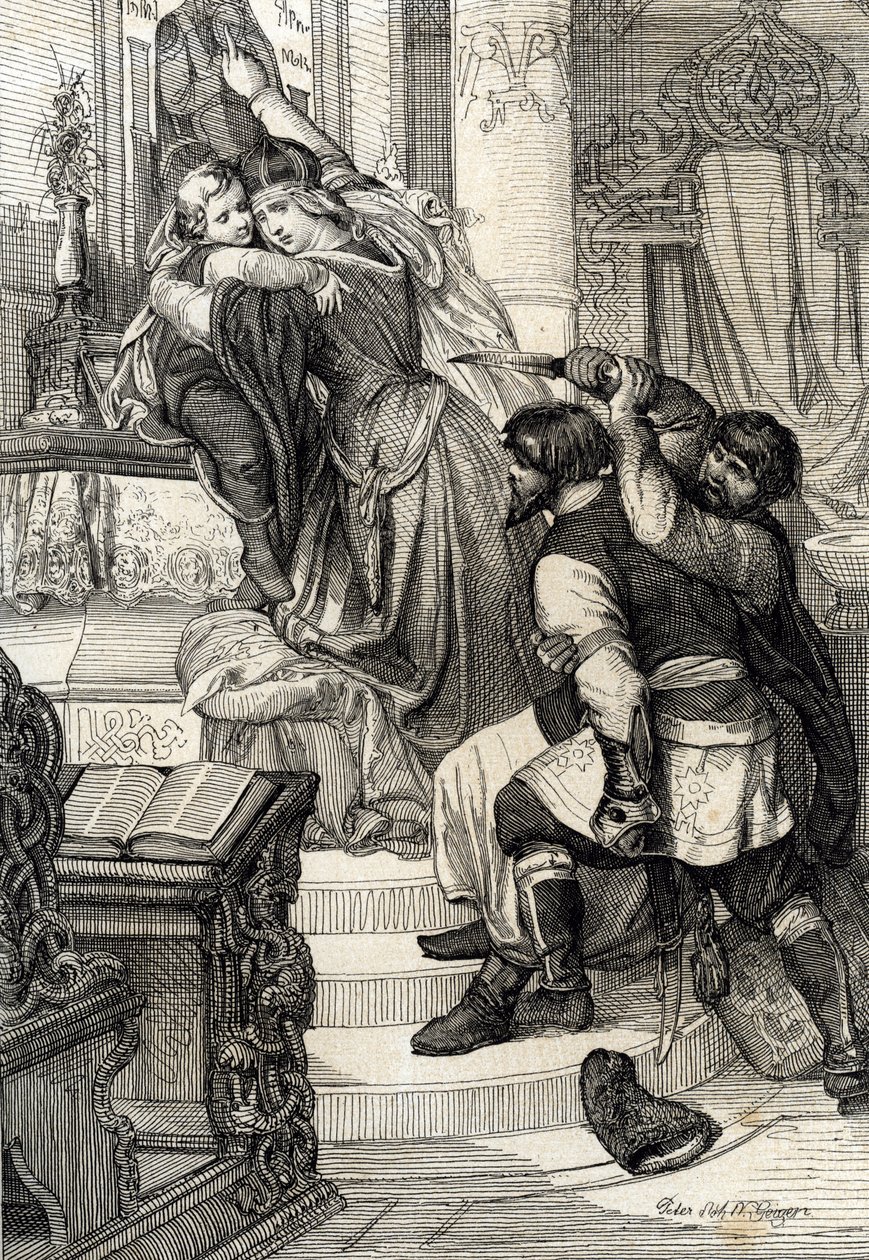 Moskvaupproret 1682 (upphävandet av streltsyen 1682): Tsarina Natalia Narychkina skyddade sin son prins Peter (1672-1725) från attacker från streltsyarna (strelets), Ryssland (Moskvaupproret 1682 eller streltsyupproret: Tsarryshkina Natalia av Peter Johann Nepomuck Geiger