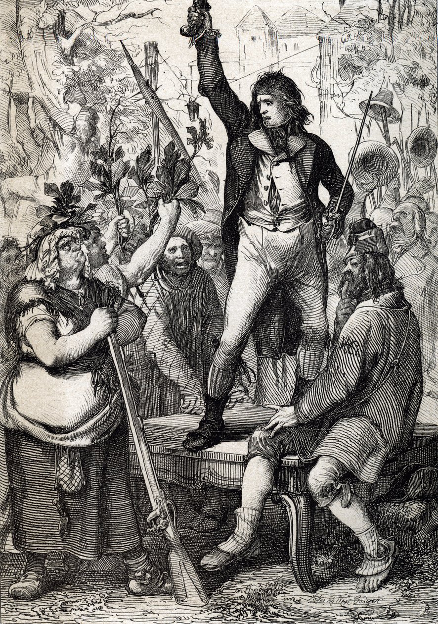Den franska revolutionens utbrott 1789: den samlade befolkningen uppmanas att välja färgen på en kokard och att ta till vapen historiskt) av Anton Ziegler av Peter Johann Nepomuck Geiger