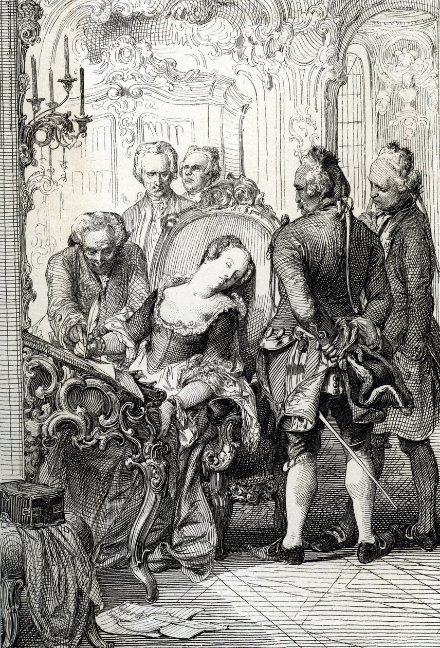 Drottning Caroline Mathilde (Caroline-Mathilde) av Danmark (1751-1775) tvingades underteckna skilsmässodokumenten efter sitt utomäktenskapliga äventyr 1772 (Danmarks drottning Caroline Matilda undertecknade skilsmässopapperen i april 1772 för äktenskapsbro av Peter Johann Nepomuck Geiger