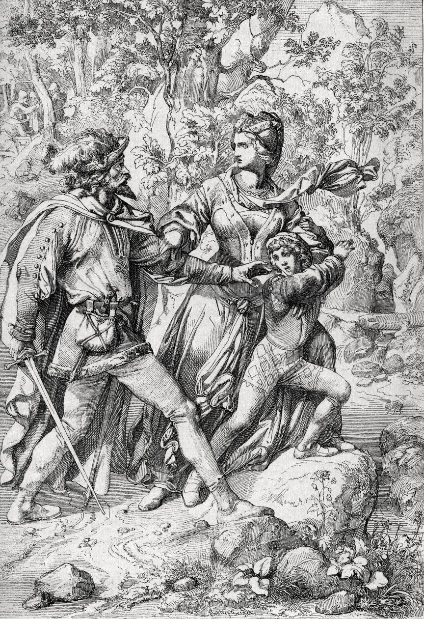 Drottning av England Margareta av Anjou (1430-1482) och hennes son Edward räddade av en rånare under deras flykt efter yorkisternas triumf av Peter Johann Nepomuck Geiger