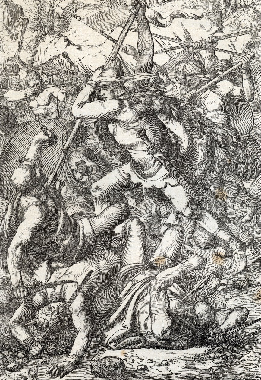 Representation av erövraren Pelage (Pelagius eller Pelayo) (död 737) kung av Asturien triumferande mot saracenerna, 719 Covadonga, Spanien av Peter Johann Nepomuck Geiger