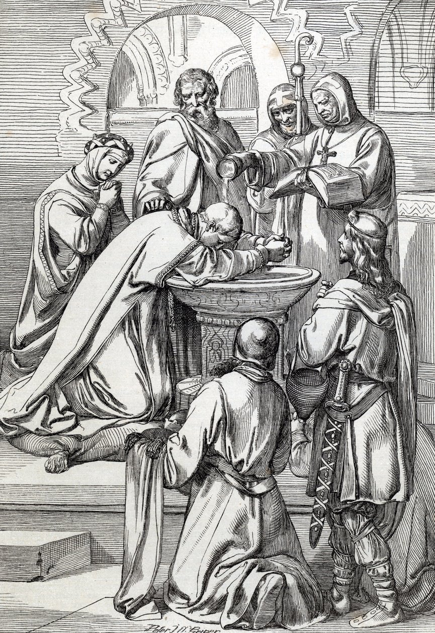 Representation av Saint Augustine of Canterbury (död 604), skickad till England av påven Gregoire den store 596 för att omvända anglosaxarna - Han är här inför Ethelbert, anglosaxisk kung av Kent (552? -616) som han döpte i 597 (Augustin, förste biskop o av Peter Johann Nepomuck Geiger