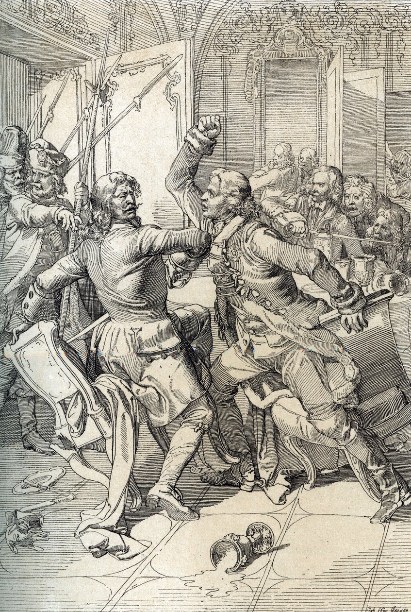 Streltsy-uppror: arrestering av medlemmar av streltsy-regementen (strelets) efter deras upphävande 1698 mot progressiva innovationer av tsar Peter den store, Ryssland (Streltsy-upproret: misstänkta medlemmar av Moskvas Streltsy-regementen arresterade efter av Peter Johann Nepomuck Geiger