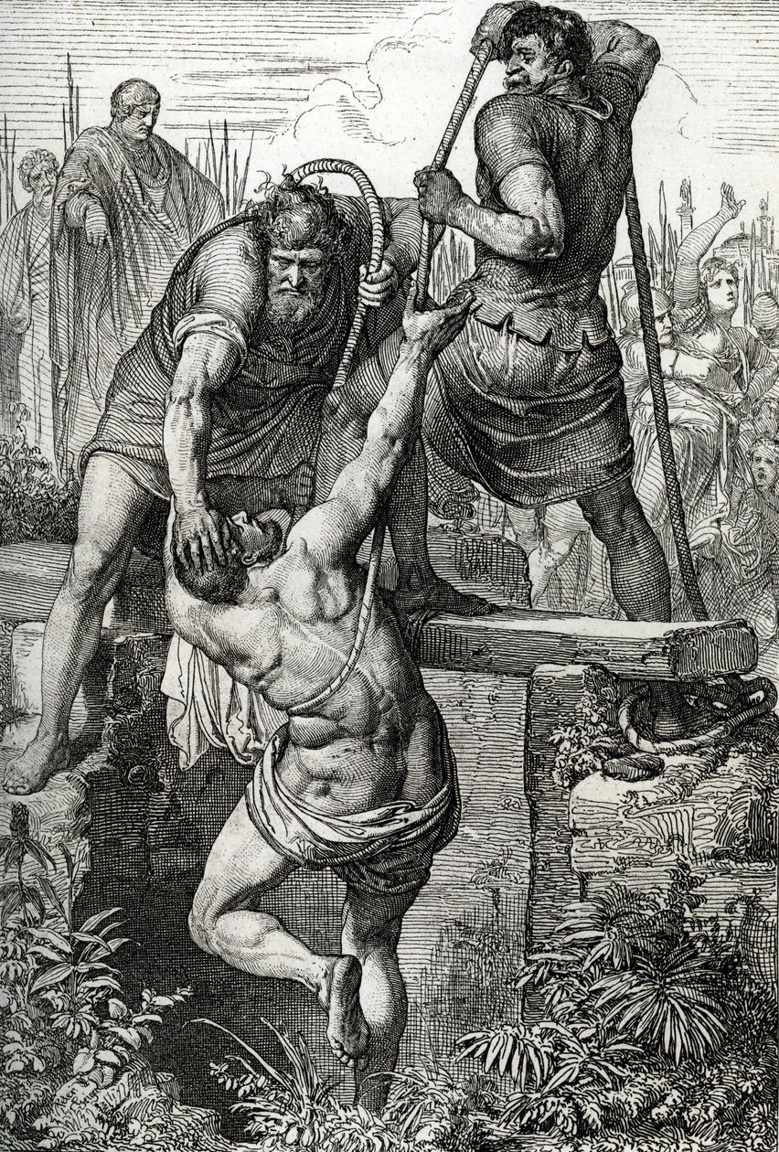 Den bysantinske kejsaren Zenon (425-491) återvände till Konstantinopel fick usurpatorn Flavius Basiliscus (Basilisk) inlåst med sin familj, 477 (död av Basiliscus innesluten i en torr cistern, för att dö av exponering, av romerske kejsaren Zeno, 477) Ritni av Peter Johann Nepomuck Geiger