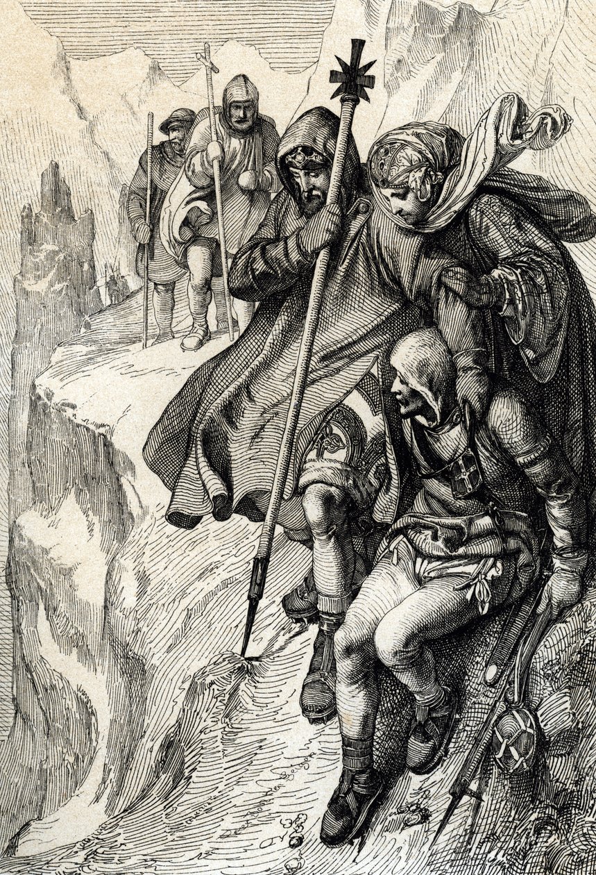 Kungen av romarna Henrik IV passerar passet av berget Cenis för att korsa Alperna och gå till grevinnan Mathilde av Toscana till Canossa där påven Gregoire VII, januari 1077” (Henry IV korsade Alperna genom Mont Cenis-passet för att nå slottet Canossa och av Peter Johann Nepomuck Geiger