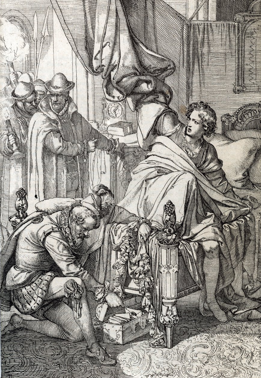 Gripandet av Karl av Österrike (1545-1568) (Don Carlos), son till Filip II av Spanien 1568 av hans fars män (Carlos, prins av Asturiens äldste son och arvinge till kung Filip II av Spanien fängslad av hans far i början av 1568) Rita en penna d av Peter Johann Nepomuck Geiger