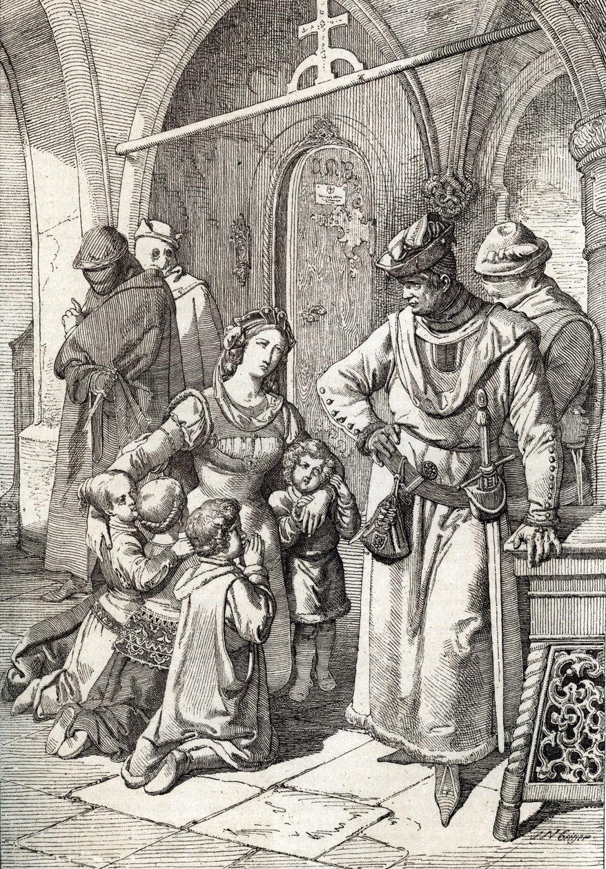 Mordet på den adliga damen Ines de Castro (1320-1355), andra fru till Peter I (Pedro I) av Portugal i klostret Santa Clara de Coimbra, Portugal 1355 (Hustru till kung Peter I av Portugal Ines Castros mord i klostret av Santa Clara i Co av Peter Johann Nepomuck Geiger